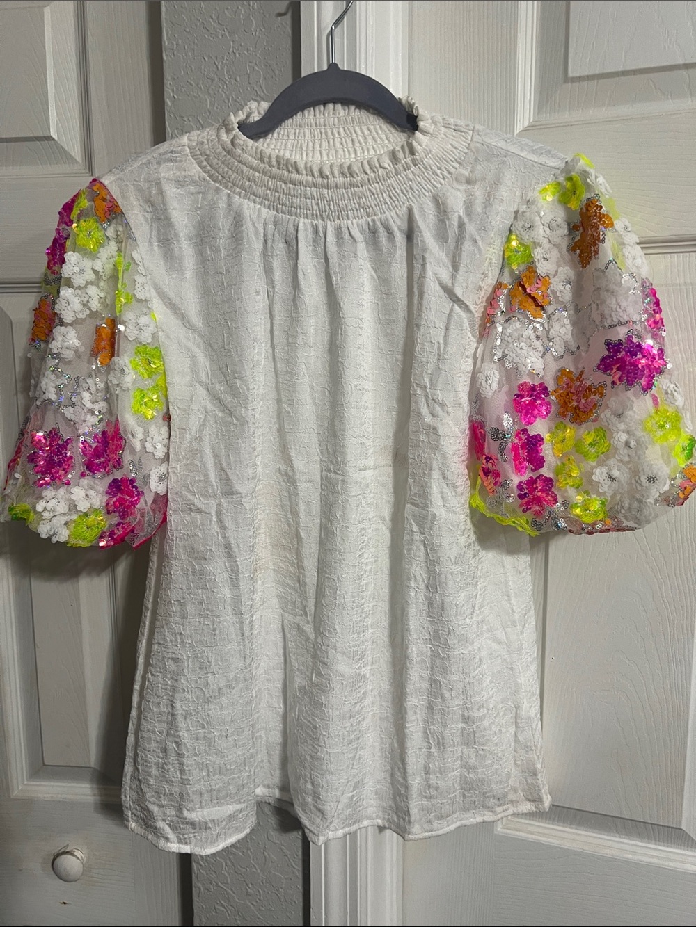 White Blouse with Neon Floral Sequin Puff Sleeves